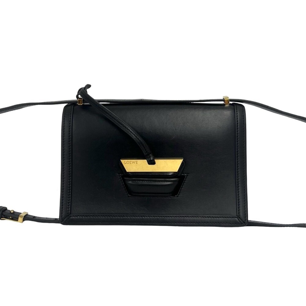 LOEWE Barcelona Logo Hardware Leather Shoulder Bag Handbag Sacoche Pouch Blac...